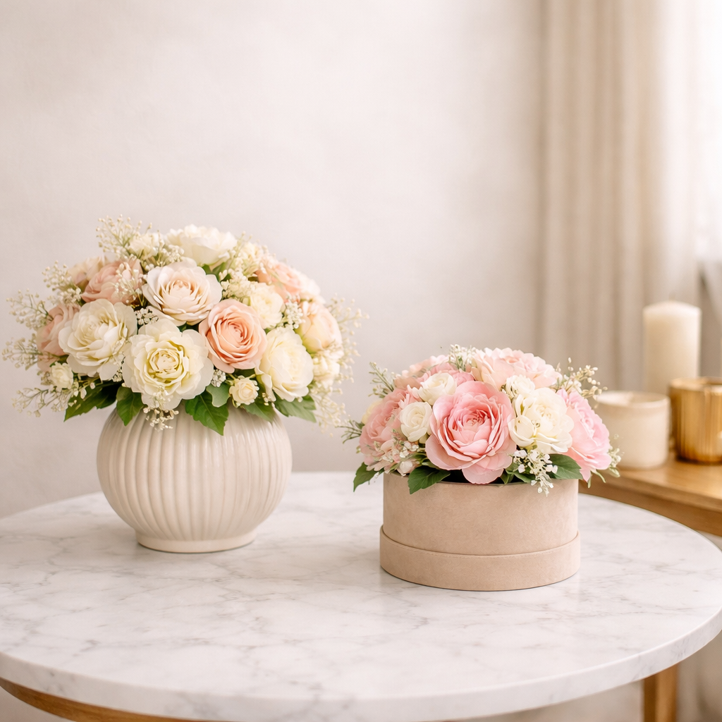 Luxury artificial flower arrangements in elegant vase and floral box display on marble table