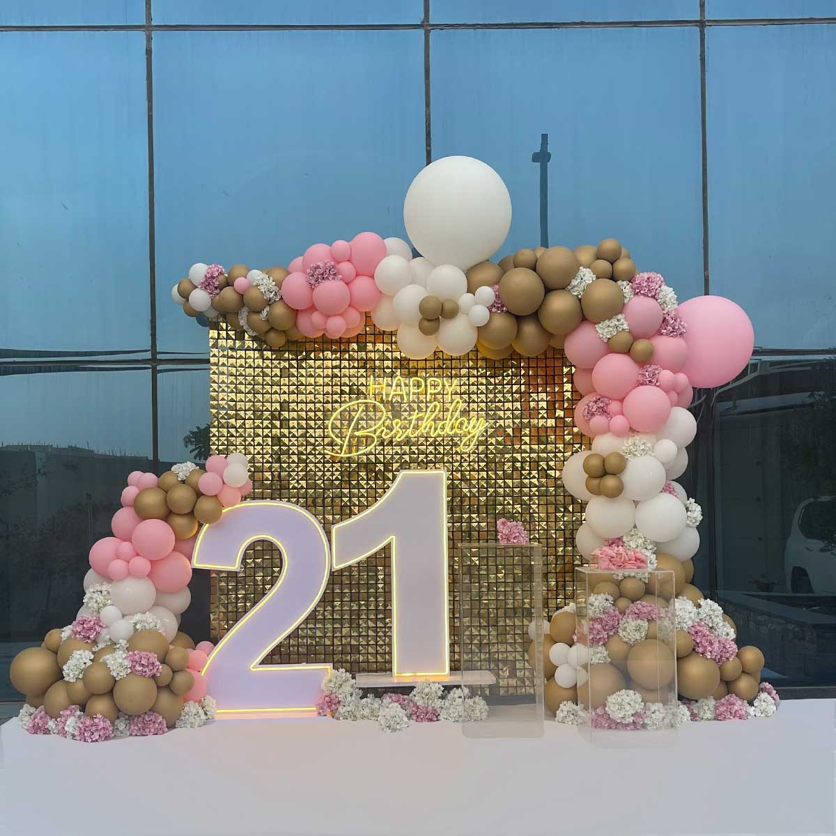 Gold and Pink Birthday Party Setup