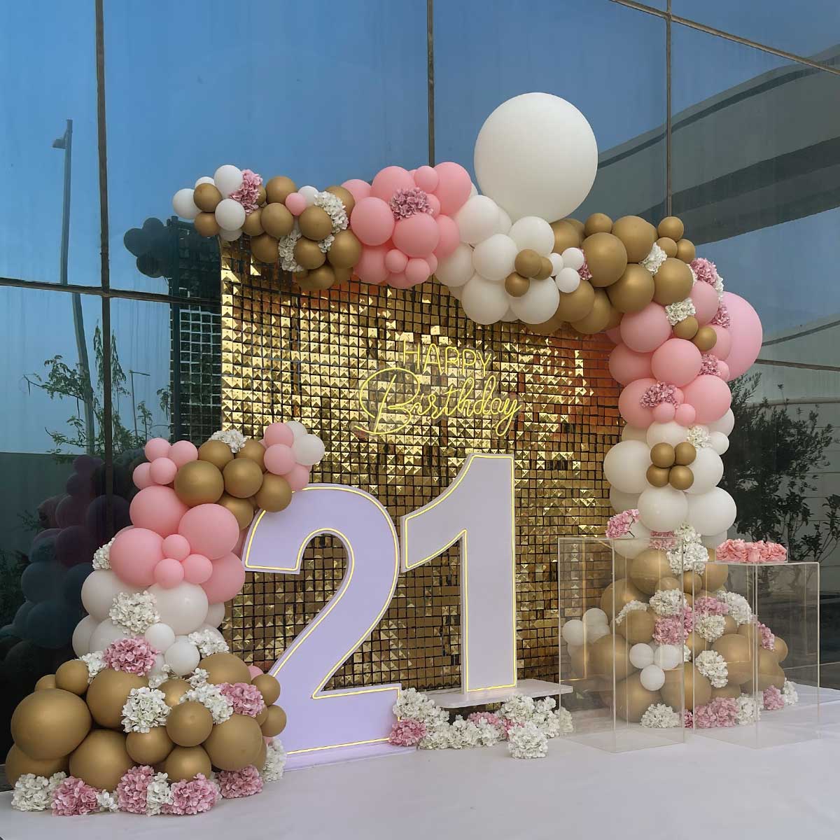 Gold and Pink Birthday Party Setup