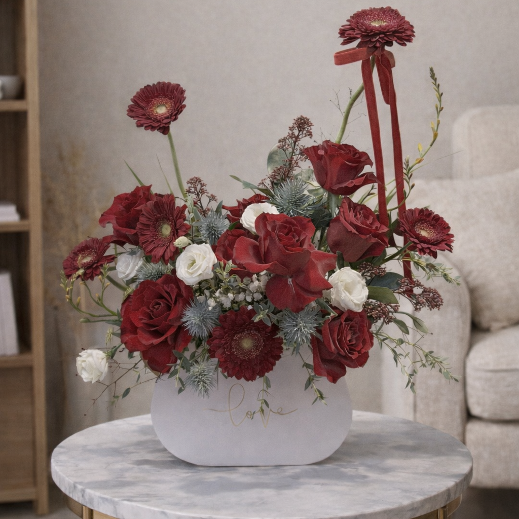 Luxury Valentine Red Rose Arrangement in Love Vase